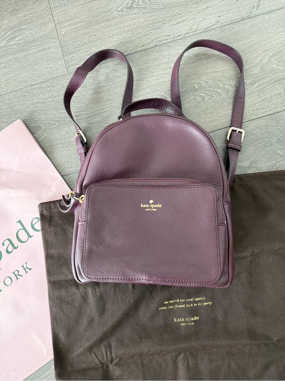 Kate Spade Leather small Backpack plum dust bag designer bag